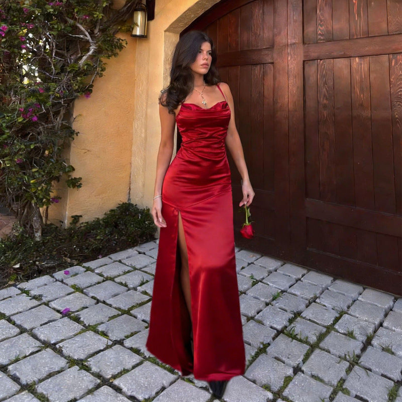 Women's Elegant Evening Dress with Side Slits and Ruched Design Skirt