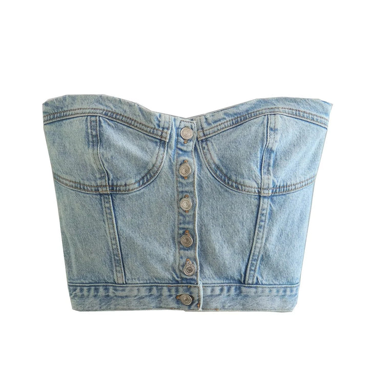 Dame Denim Crop Top med strikket overtrukket Skjora