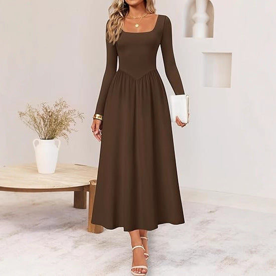 Women's elegant midi dress with square neckline and long sleeves Skjora