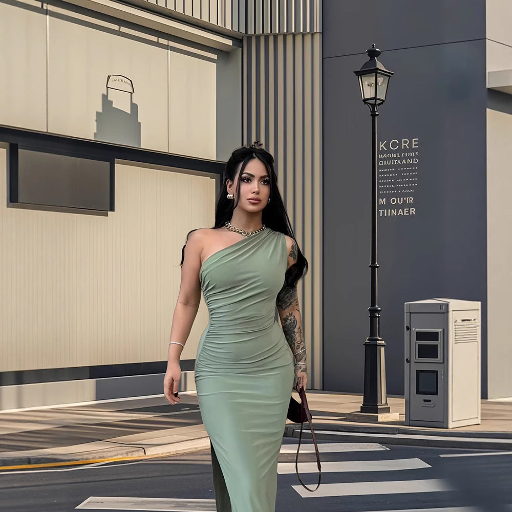 Damer Elegant Én-Shoulder Maxi Kjole med Figur-Nær Skjæring og Side Spalte