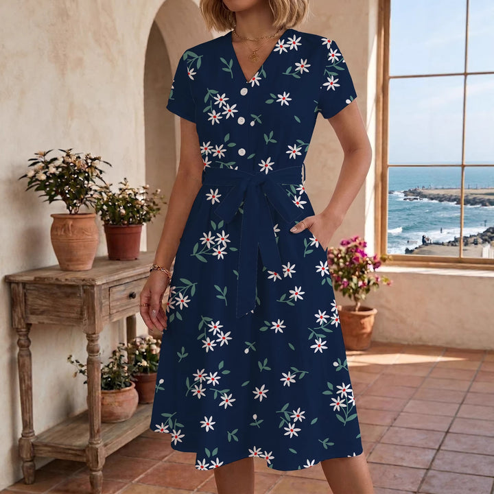 Damen Midikleid mit floralem Muster und Taillengürtel Skjora