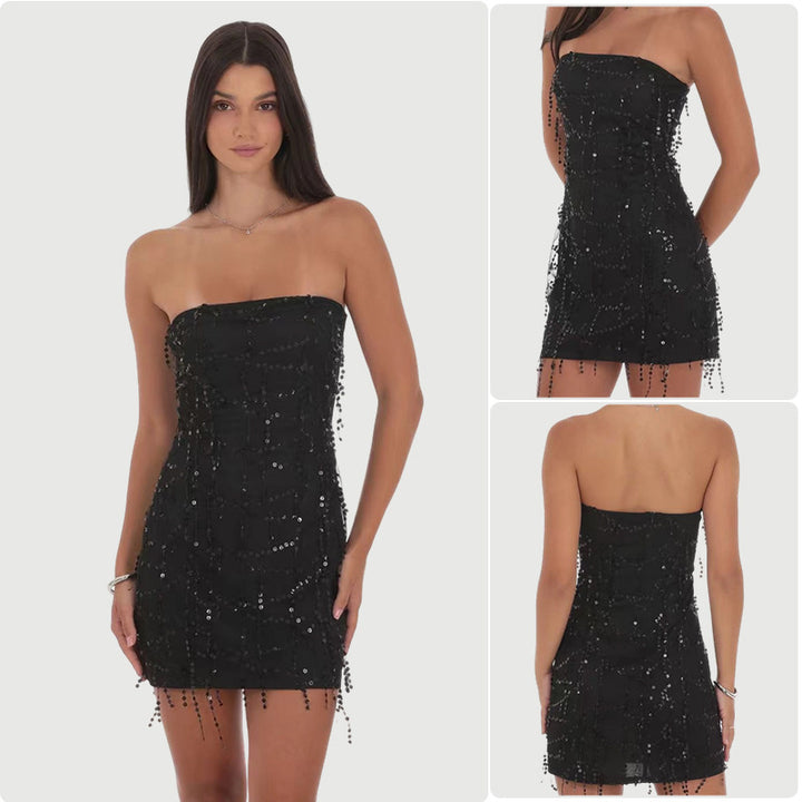 Kvinnes Elegant Off-the-Shoulder Cocktailkjole med Funklende Paljetter og Figurtilpasset Snitt