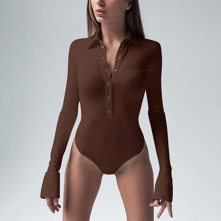Damer langermet bodysuit med elegant krage og hel knappelist Skjora