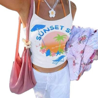 Dame Tanktop med kreativt sommermotiv og avslappet snitt Skjora