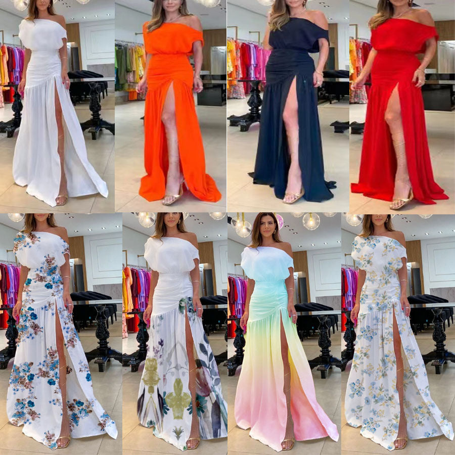 Dame Langermet kjole med sidesliss og off-shoulder design Skjora