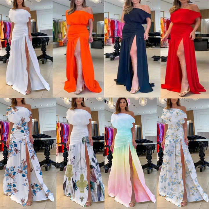 Dame Langermet kjole med sidesliss og off-shoulder design Skjora