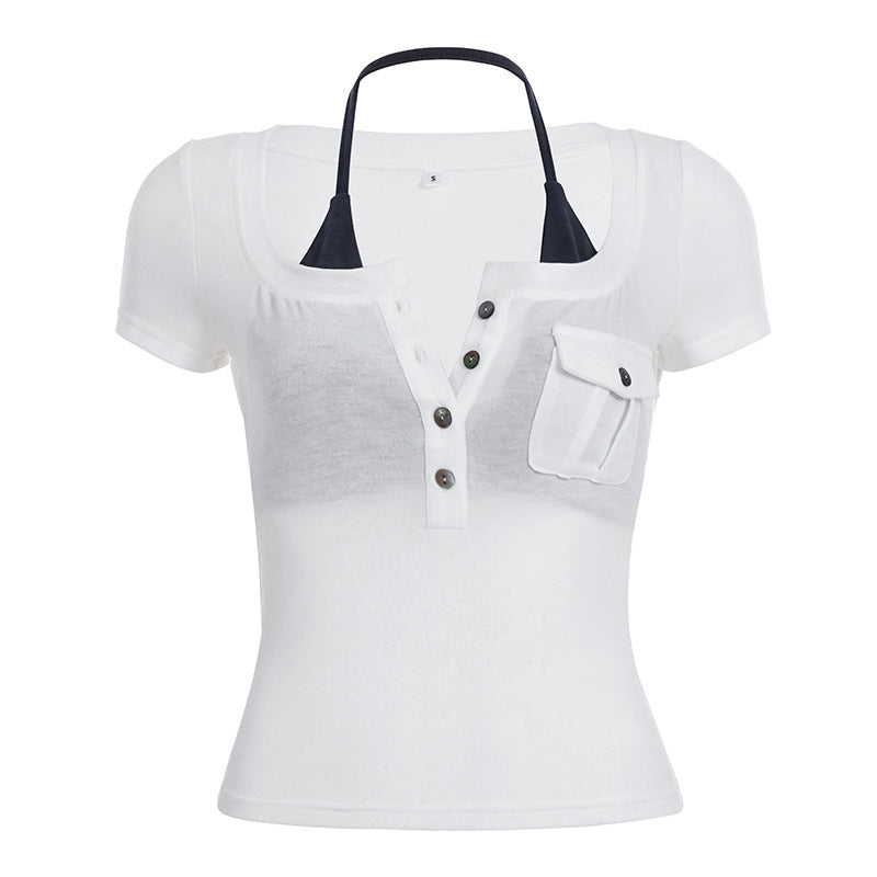 Dame kortermet bluse med trendy Henley-design og praktisk brystlomme Skjora