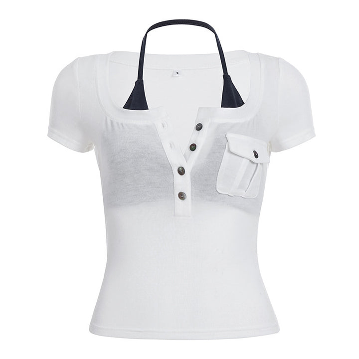 Dame kortermet bluse med trendy Henley-design og praktisk brystlomme Skjora