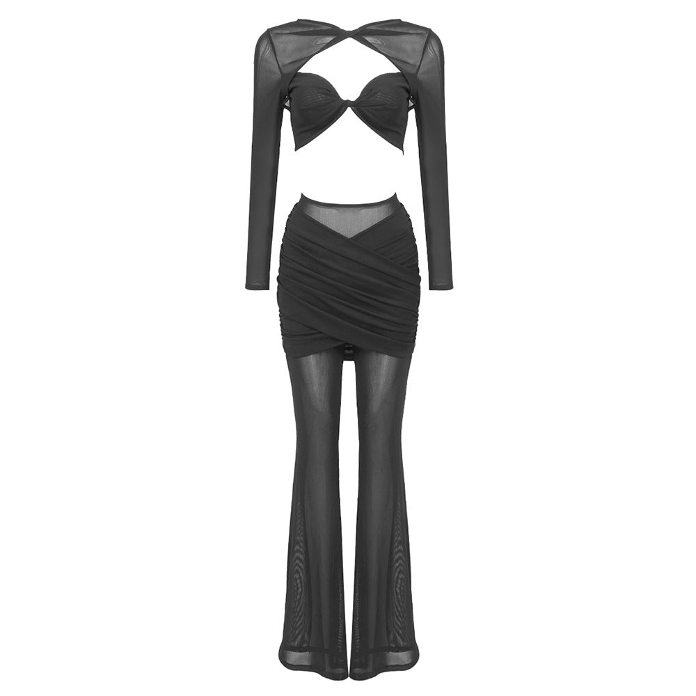 Damer elegant Crop-Top og vide bukser sett Skjora