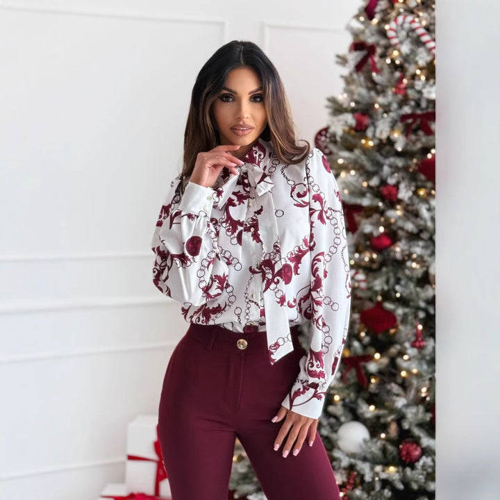 Damer elegant bluse med dekorativ krage og blomsterdesign Skjora