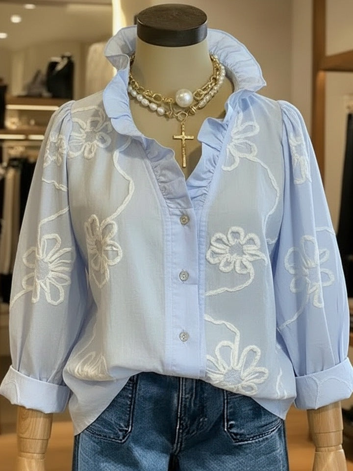 Dame elegant bluse med blomsterbroderier og voluminøse ermer Skjora
