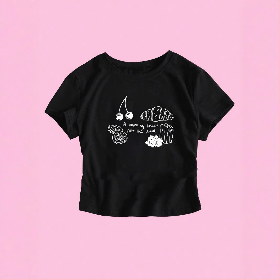 Dame T-skjorte med kreativ frokostdesign Skjora