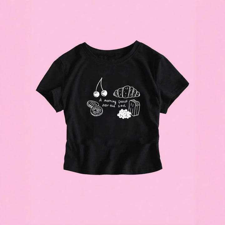 Dame T-skjorte med kreativ frokostdesign Skjora