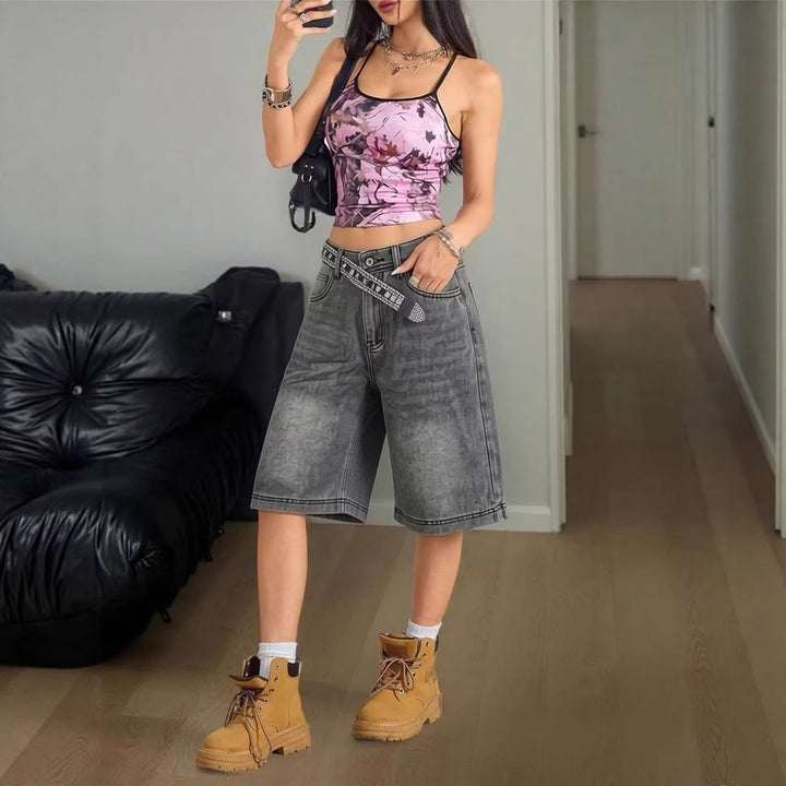 Dame casual denimshorts med høy midje og bred passform Skjora