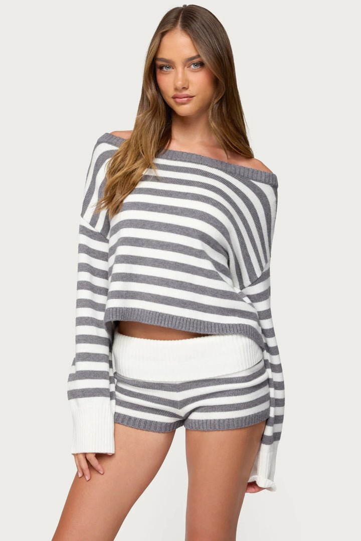 Dame uformell kortermet topp og shorts sett med stripe mønster Skjora