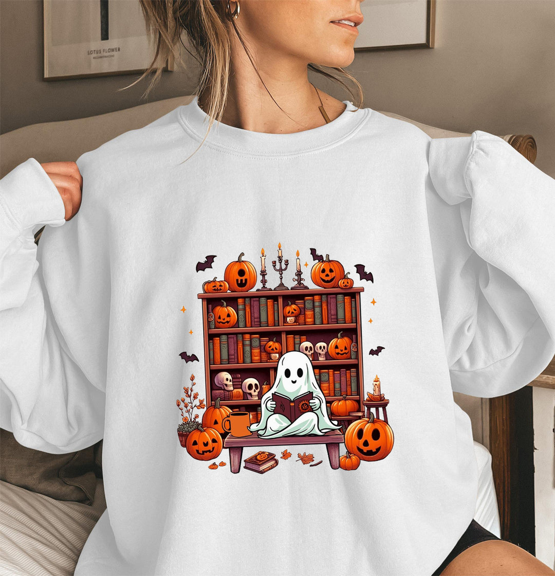 Dame sweatshirt med høstlig skremmende motiv og avslappede puffermarmer Skjora