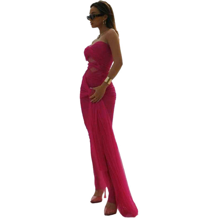 Damer Elegant strapless Maxikjole med raffinerte draperinger og transparent utseende Skjora