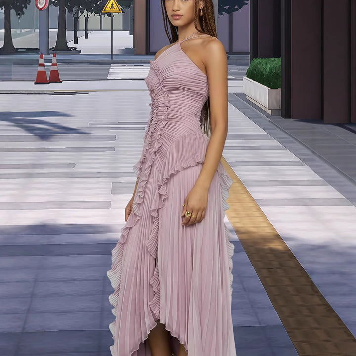 Women's Elegant Wrapped Dress with Flowing Pleated Skirt and Asymmetrical Ruffle Details