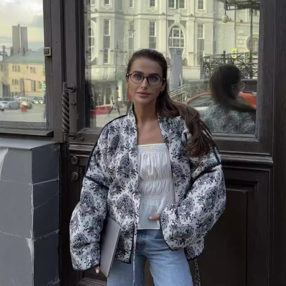 Dames Chic Jakke med Blomster Mønster og Justerbart Belte Skjora
