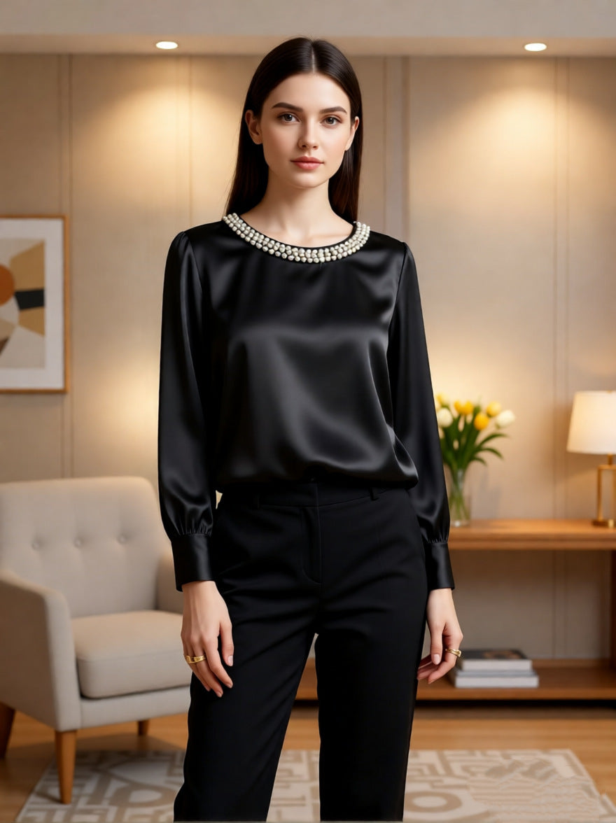 Dame elegant satenglosse bluse med perlekra Whisper
