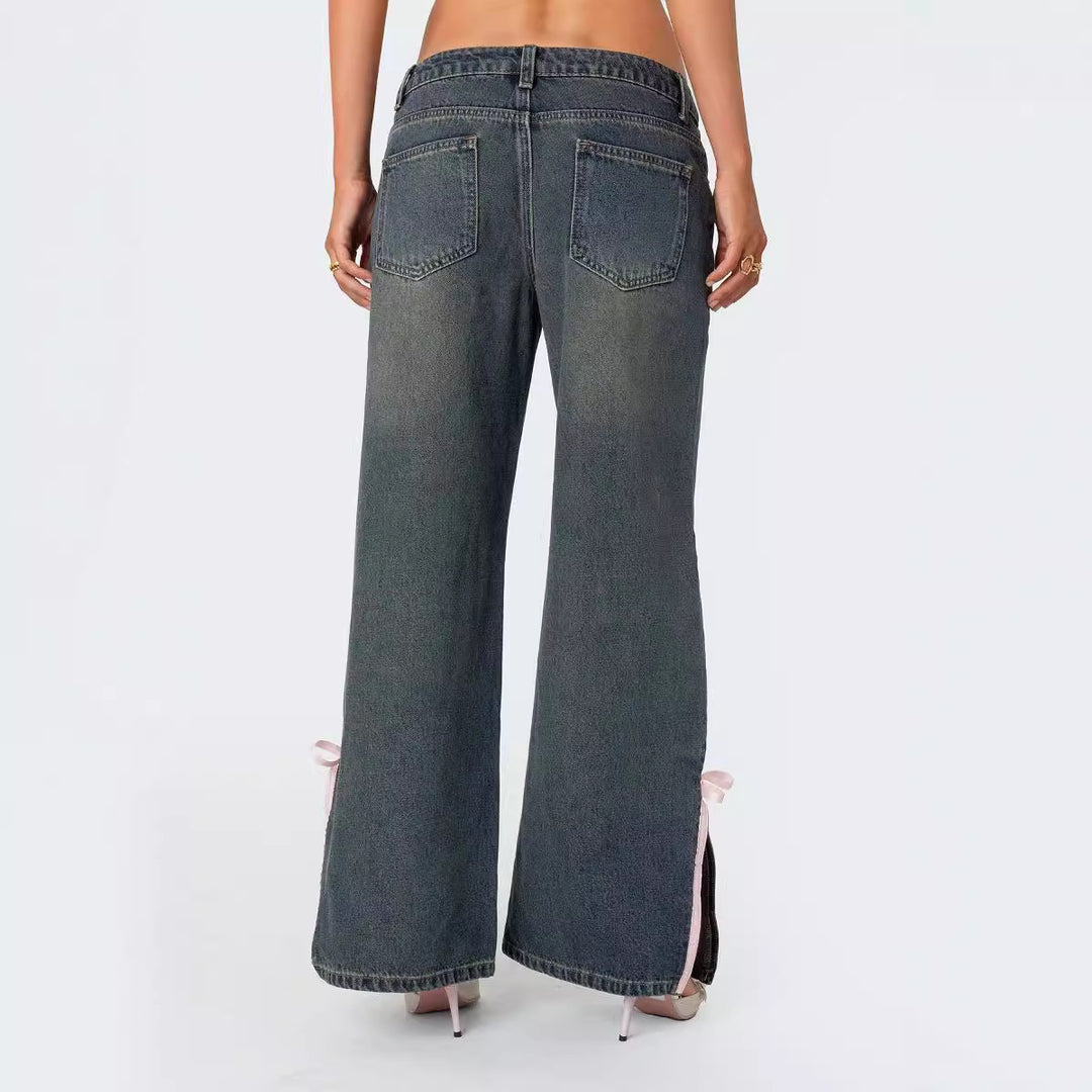 Dame Høyt midje denim-bukse med moteriktig sløyfedetaljer Skjora