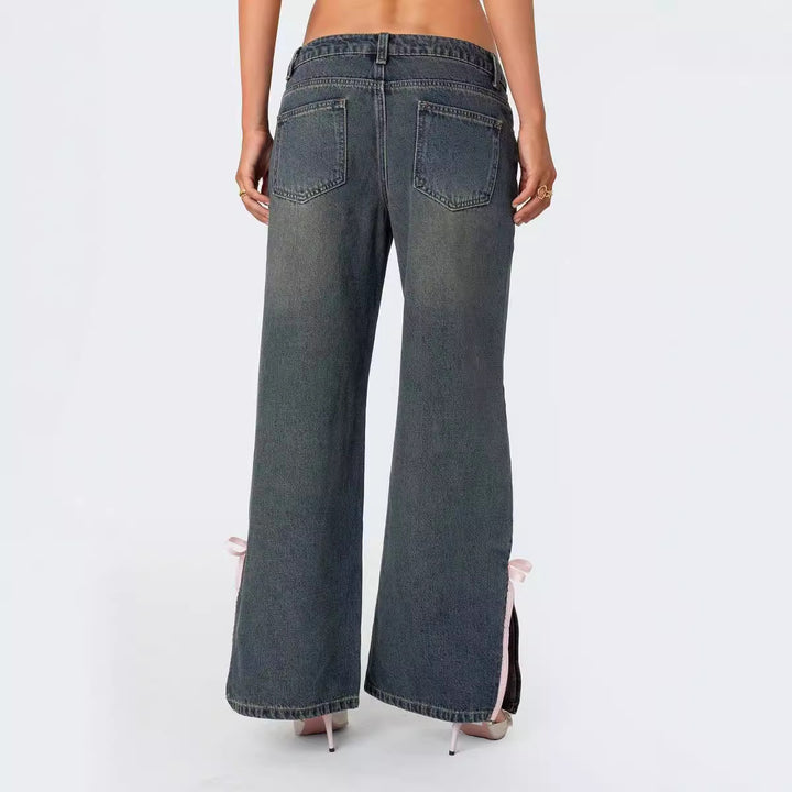 Dame Høyt midje denim-bukse med moteriktig sløyfedetaljer Skjora