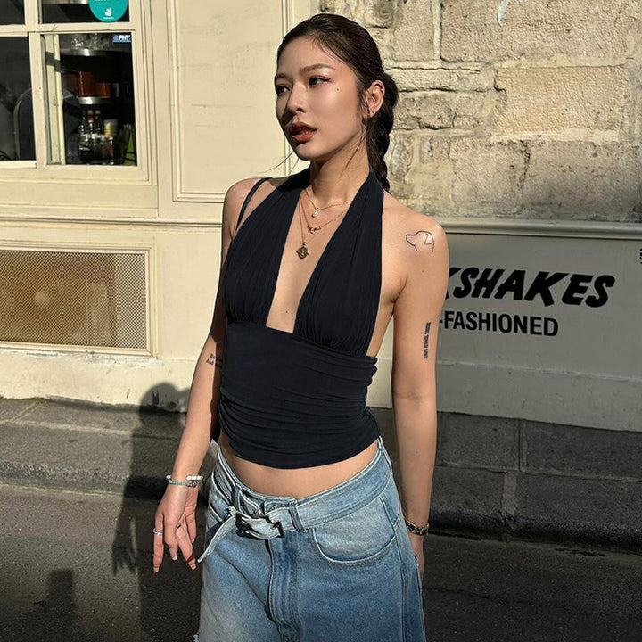 Dame Elegant Crop-top med dyp V-hals og innpakningsdetaljer Skjora