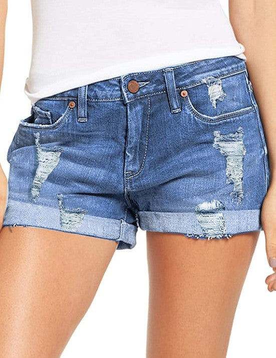 Dame trendy ødelagte denimshorts med oppbrettede kanter Skjora