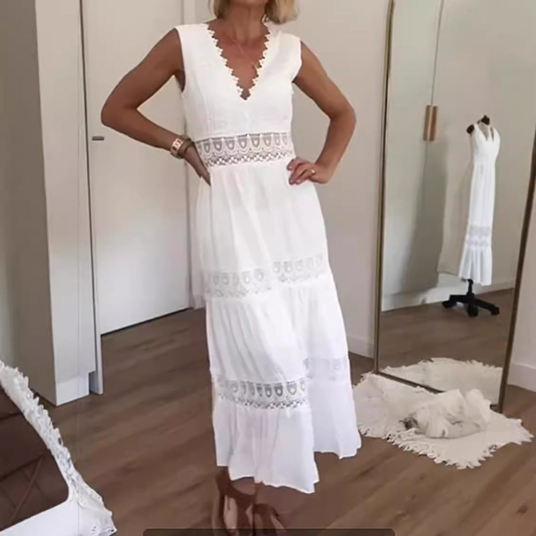 Damer Elegant Maxi Kjole med Dyp V-Hals og Lekne Hekleapplikasjoner