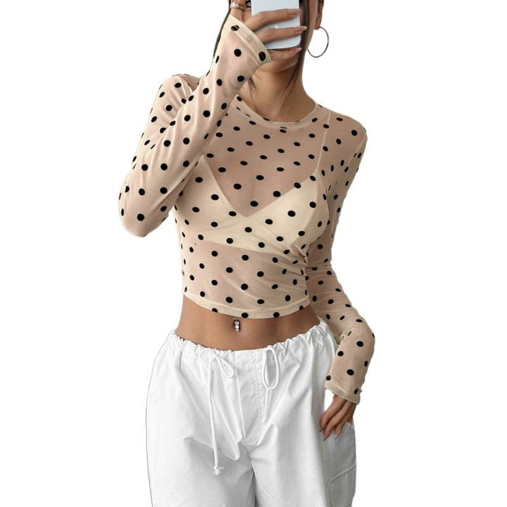 Dame Transparent Langermet Bluse med Dots Skjora