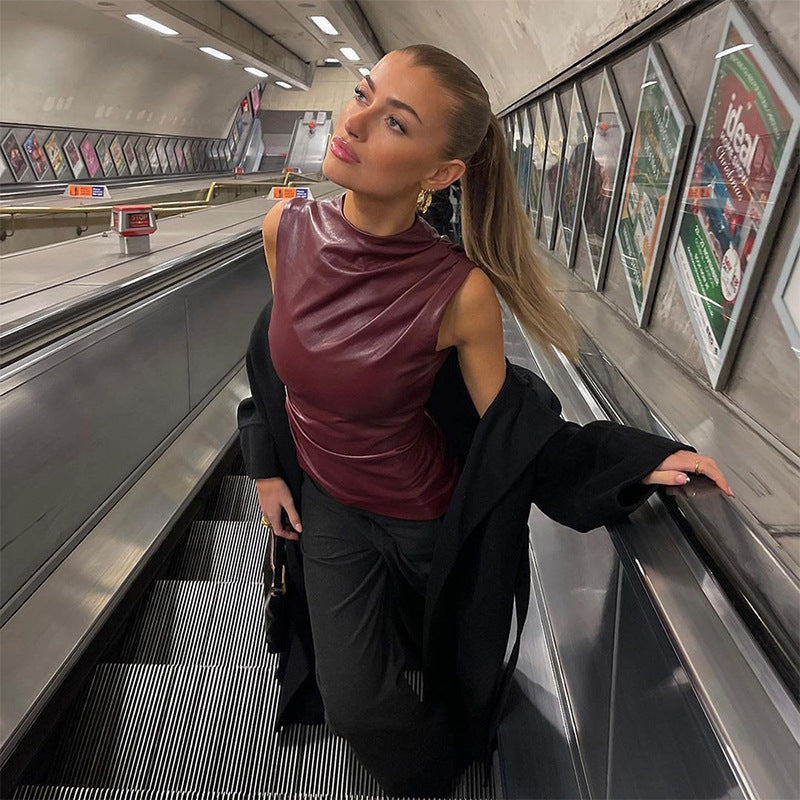 Damer militærskåret kunstskinnbluse med asymmetrisk skjæring og elegant ståkrage Skjora