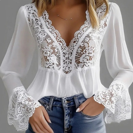 Dame elegant bluse med spissdetaljer og rynket kant Skjora