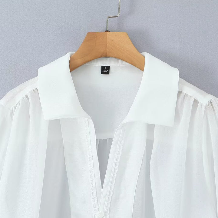 Dame elegant chiffonbluse med raffinerte puffærmer og edel krage Skjora
