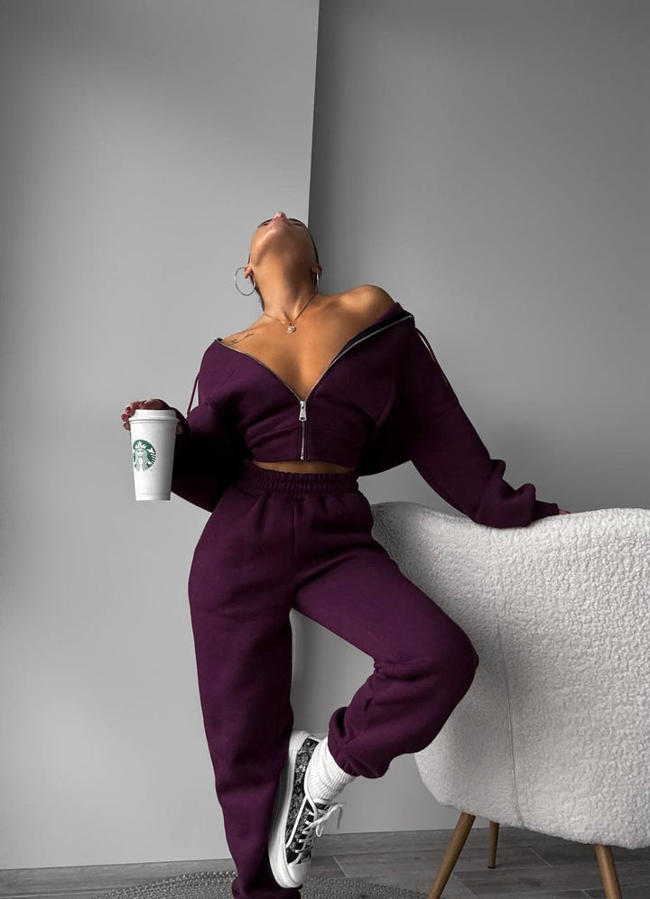 Kvinne Sporty Crop Set med Glidelås og Bred Band Skjora