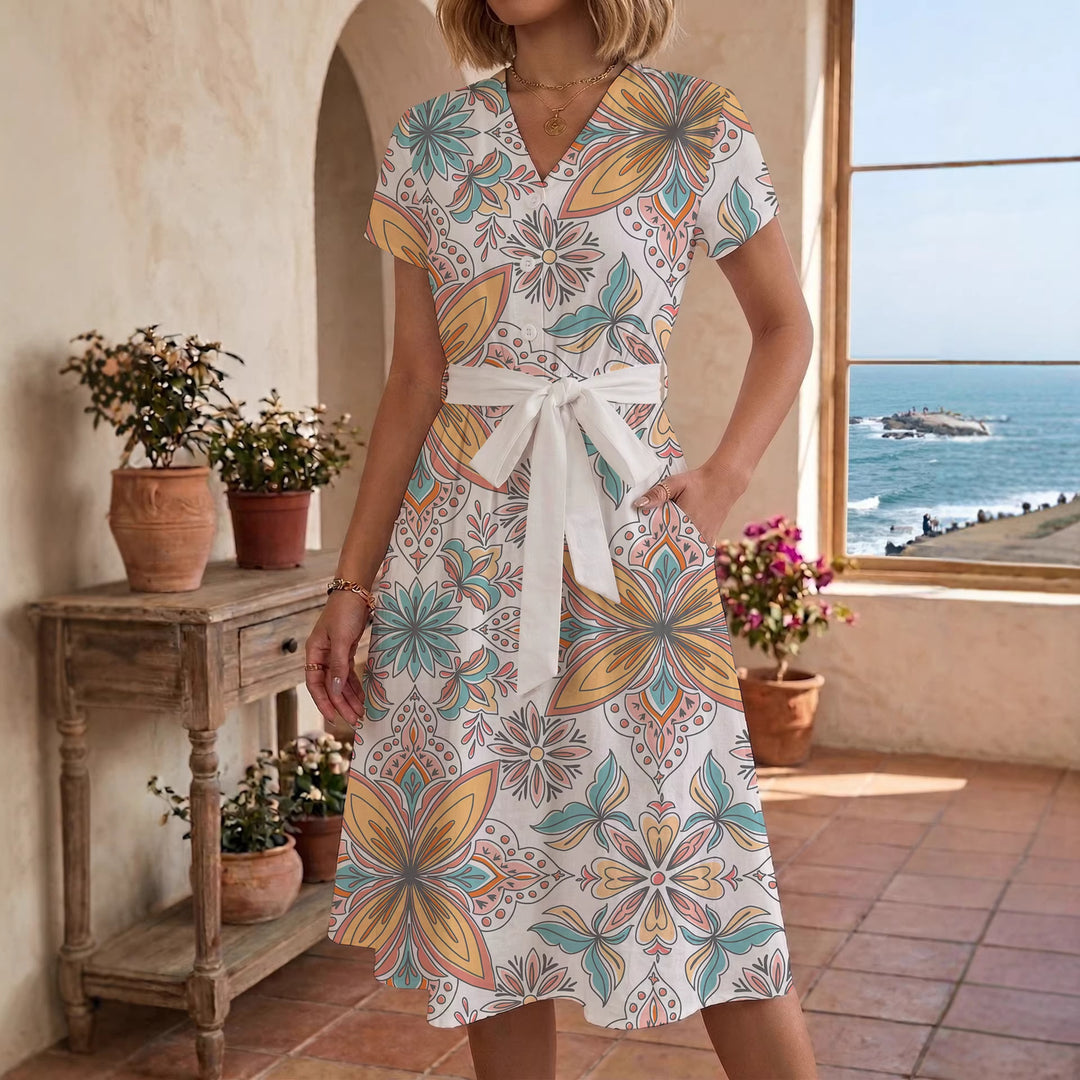 Damen Midikleid mit floralem Motiv und Taillengürtel Skjora