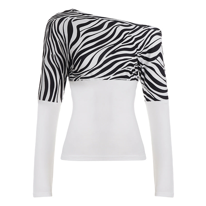 Dame Off-Shoulder Overdel med zebra-mønster og lange ermer Skjora