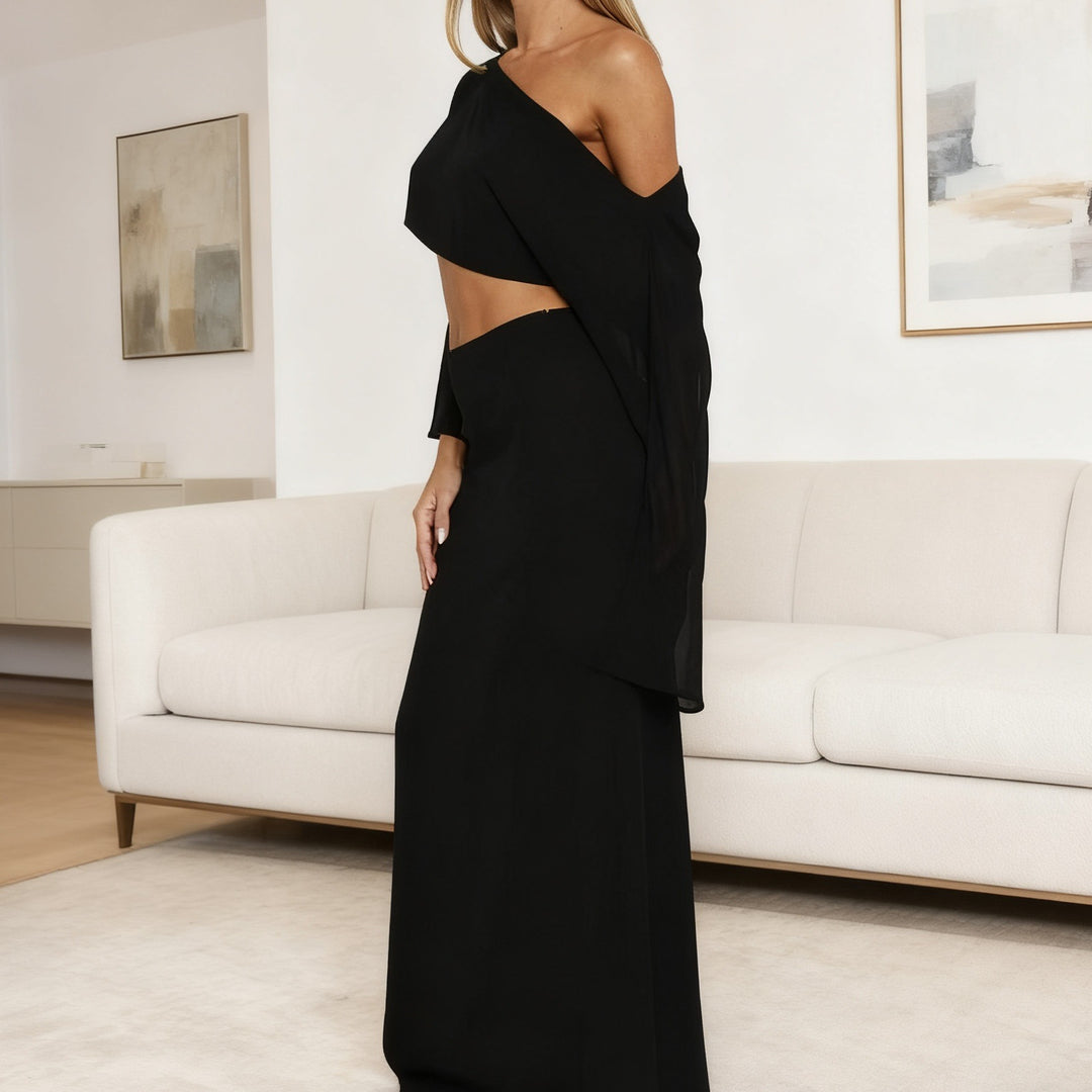Dame Elegant Maxi-Kjole med asymmetrisk snitt og langt erme Skjora
