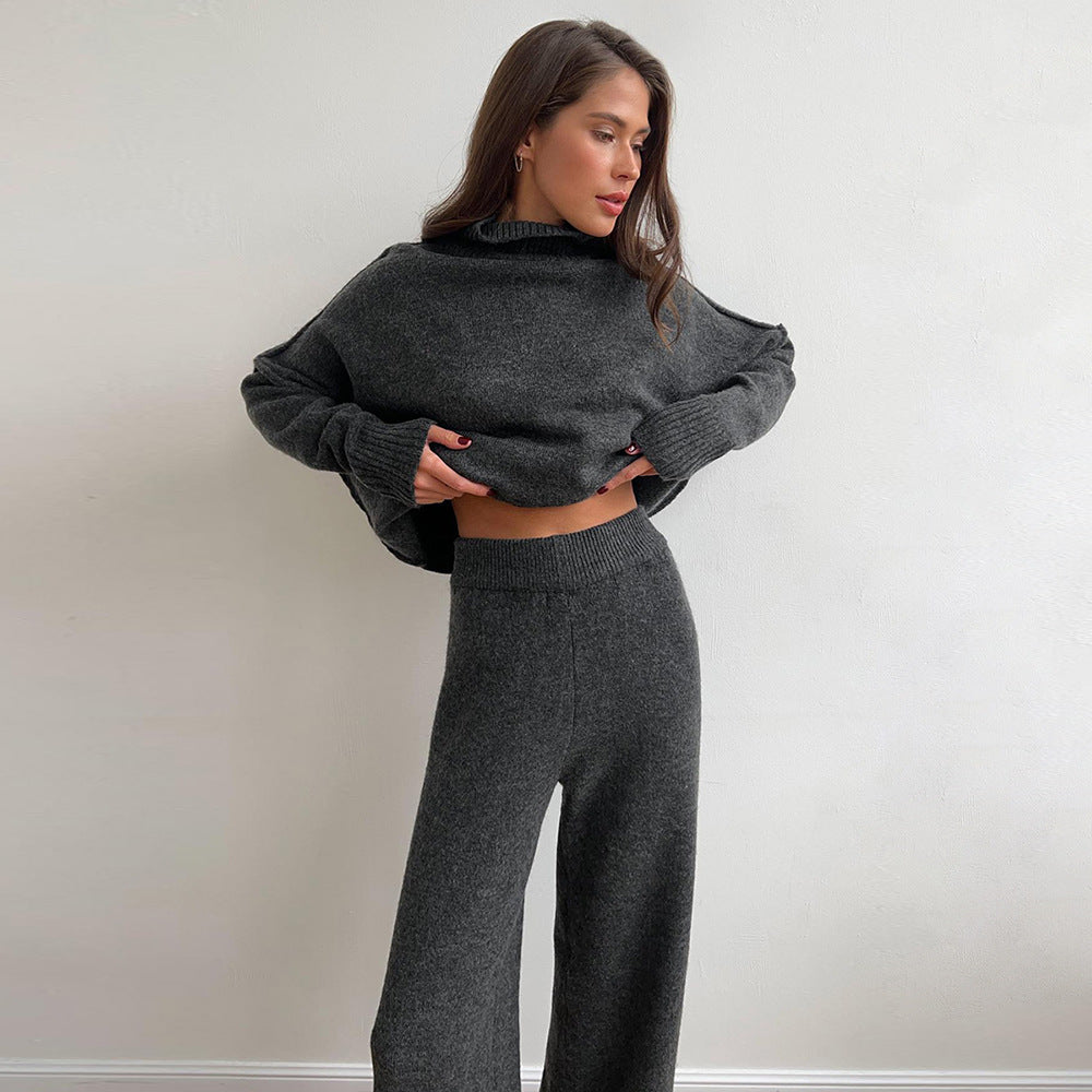 Dame Elegant Strikk Ensemble med Høy Krage og Løs Passform Skjora