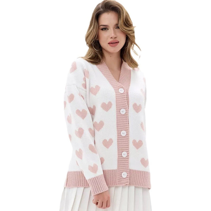 Kvinnens cardigan med hjerte mønster og knapp detaljer Skjora