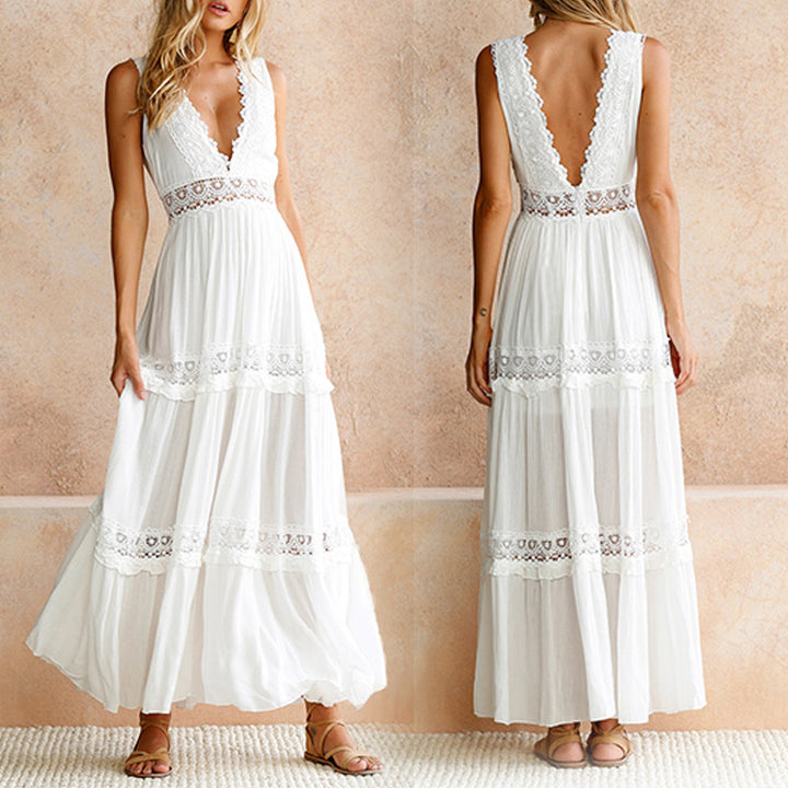 Kvinnens elegante maxikjole med blonder og lav ryggdel