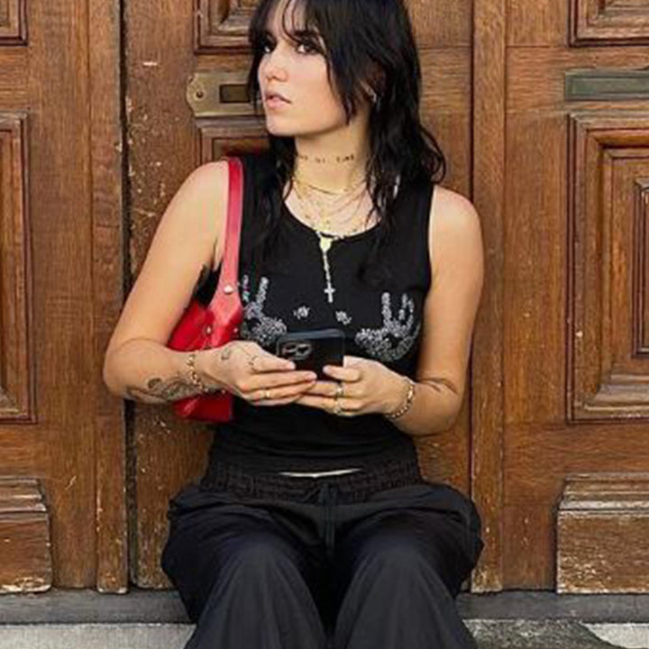Women's Cropped Tank Top with Glitter Hand Motif Skjora