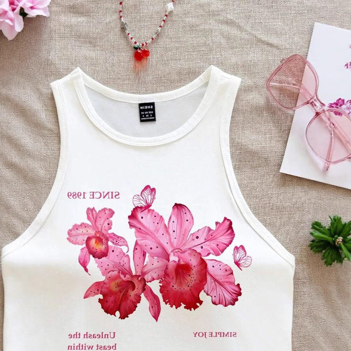 Dame ermeløs tanktop med glad kirsebærmotiv Skjora
