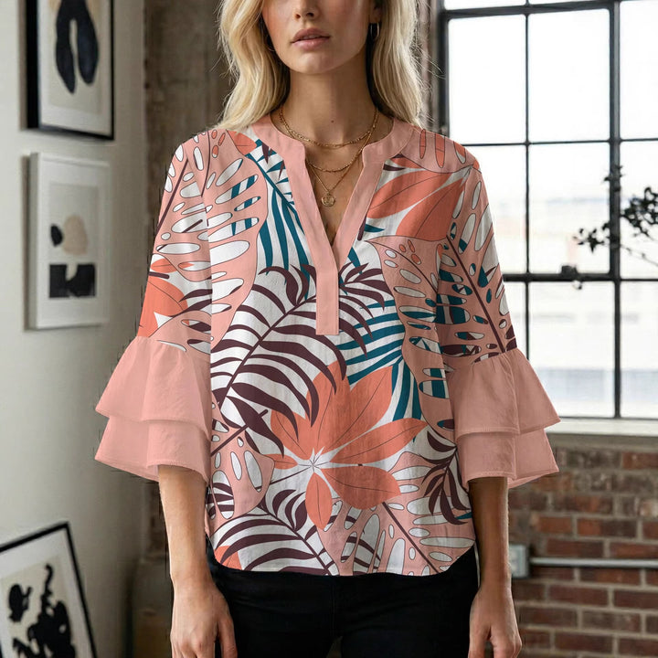 Dame bluseskjorte med voluminøse ermer og kreativt trykkdesign Skjora