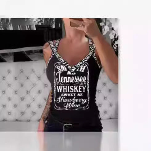 Dame tanktop med V-hals og iøynefallende trykk Skjora
