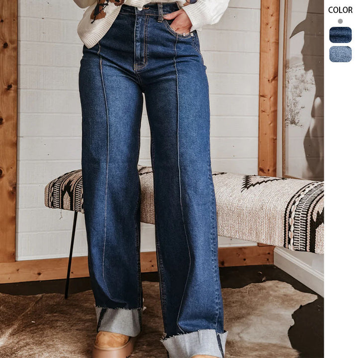 Kvinne brede høy midje jeans med unike kontrast sømmer og avslappet utseende Skjora