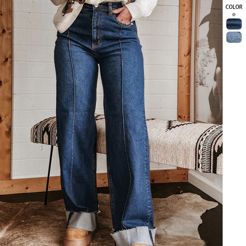 Kvinne brede høy midje jeans med unike kontrast sømmer og avslappet utseende Skjora