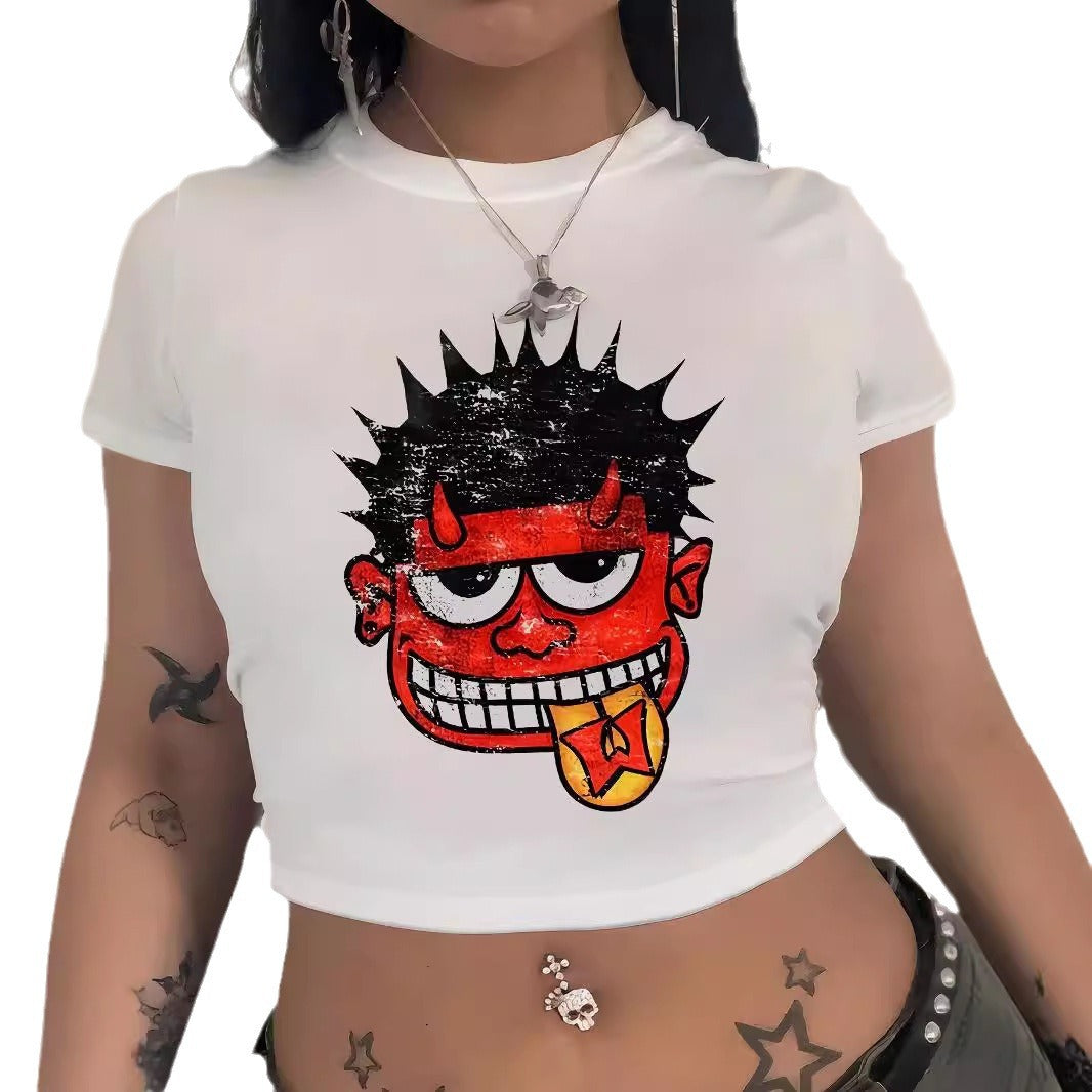 Dame Crop-T-skjorte med kreativt Comic-motiv Skjora