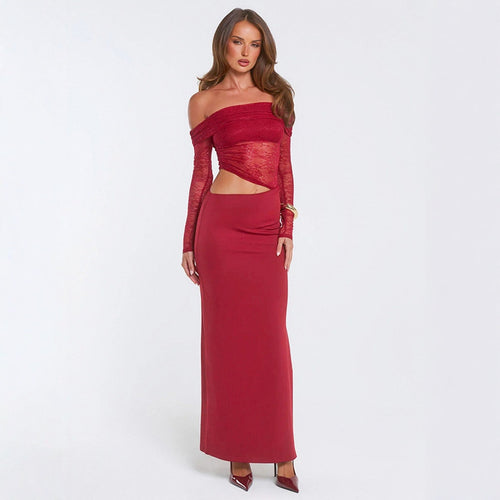 Dame elegant Off-Shoulder maxikjole med asymmetrisk snitt og gjennomsiktig spiss Skjora