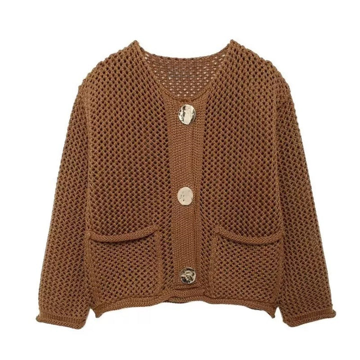 Damer mesh strikket cardigan med praktiske lommer og dekorative knapper Skjora