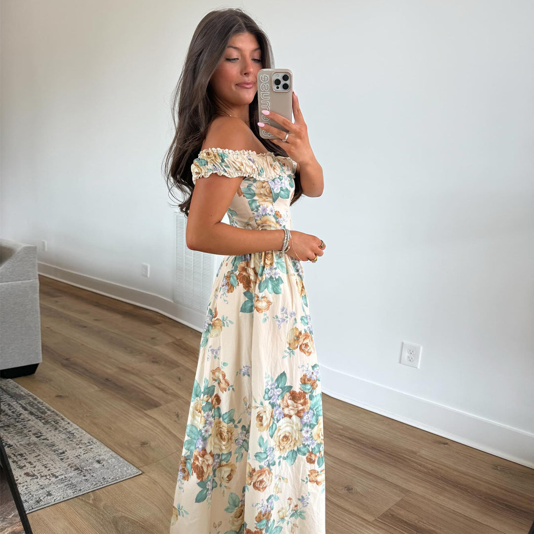 Kvinner Off-Shoulder Maxi Kjole med Blomsterdetaljer og Samlet Top